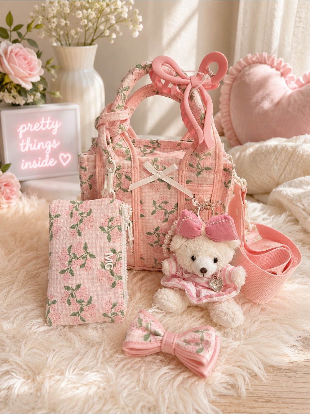 NWT Madden Girl Pink Floral Mini Canvas Tote Bag Set Teddy Charm Wristlet Hair C